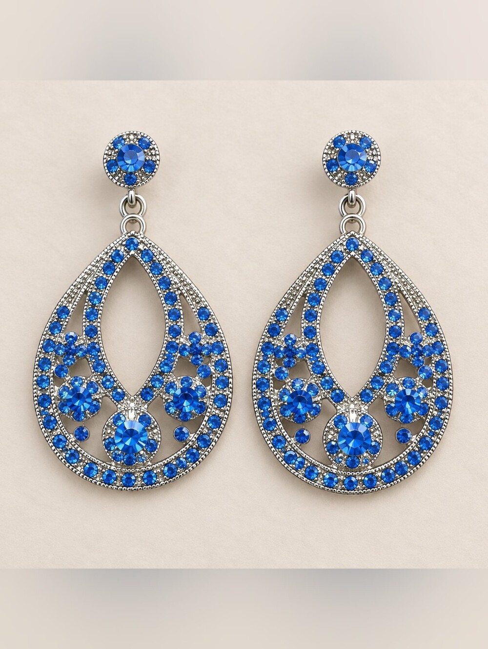 Large Sapphire Blue Rhinestone Statement Chandelier Earrings 2⅜" Formal